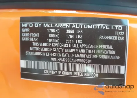 2023 Mclaren Gt z USA, uszkodzony, nr VIN SBM22GCA5PW002504